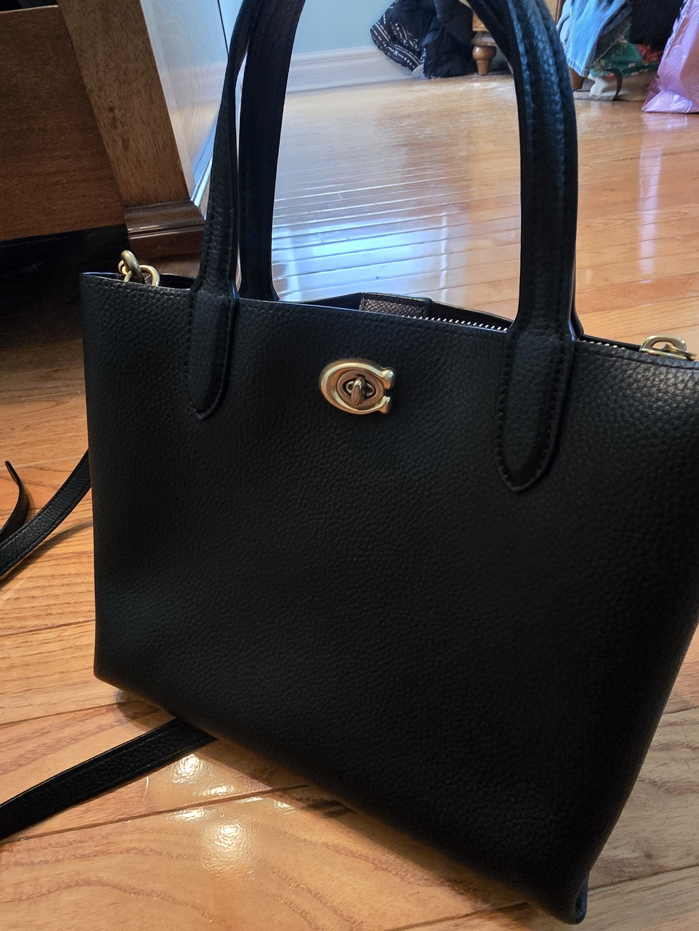 COACH Willow Black Pebbled Leather Tote with Gold Turn-Lock